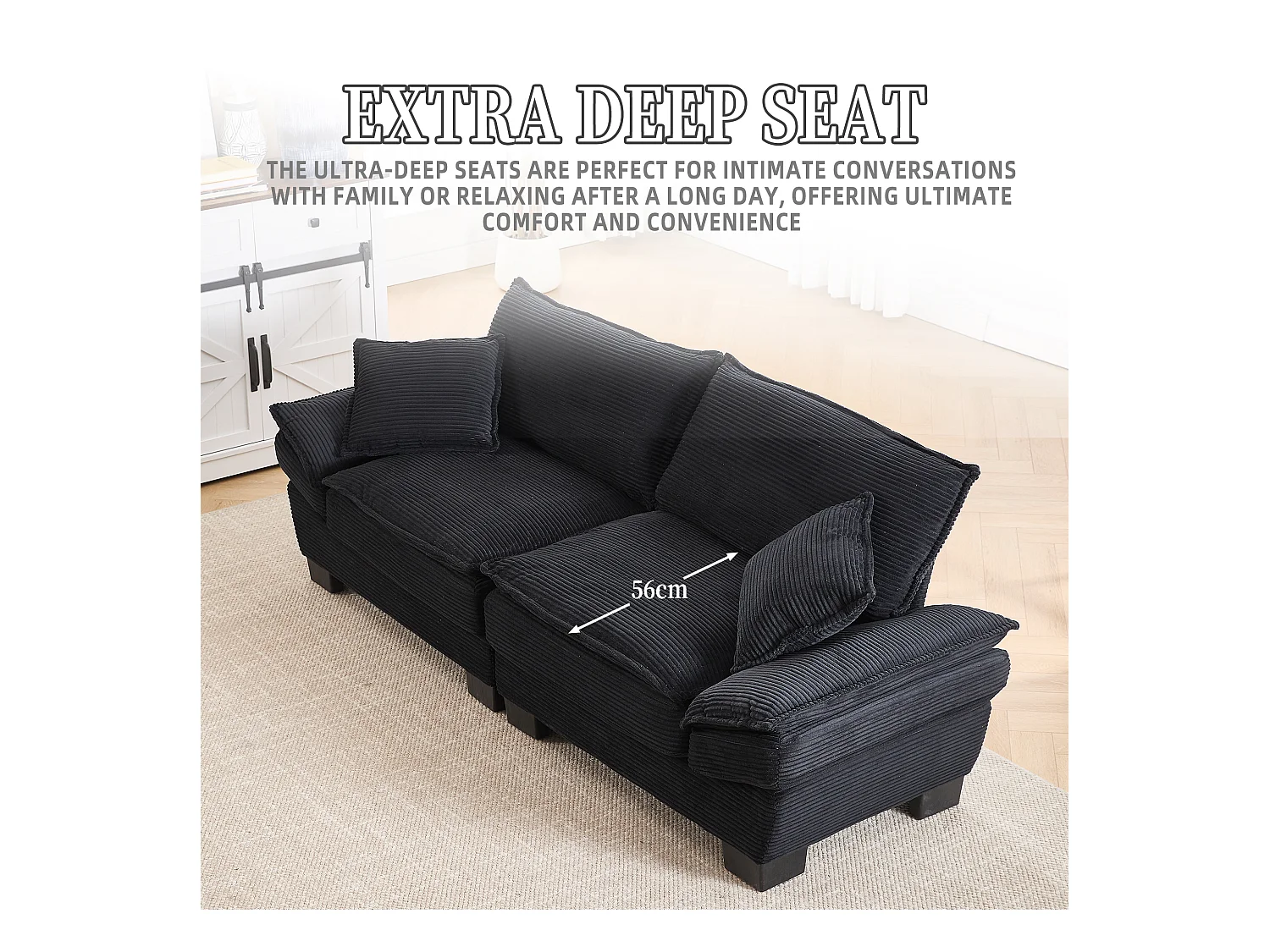 Canapé 2 places en velours noir – dossier inclinable et convertible en lit - 2 coussins inclus - idéal pour salon ou bureau