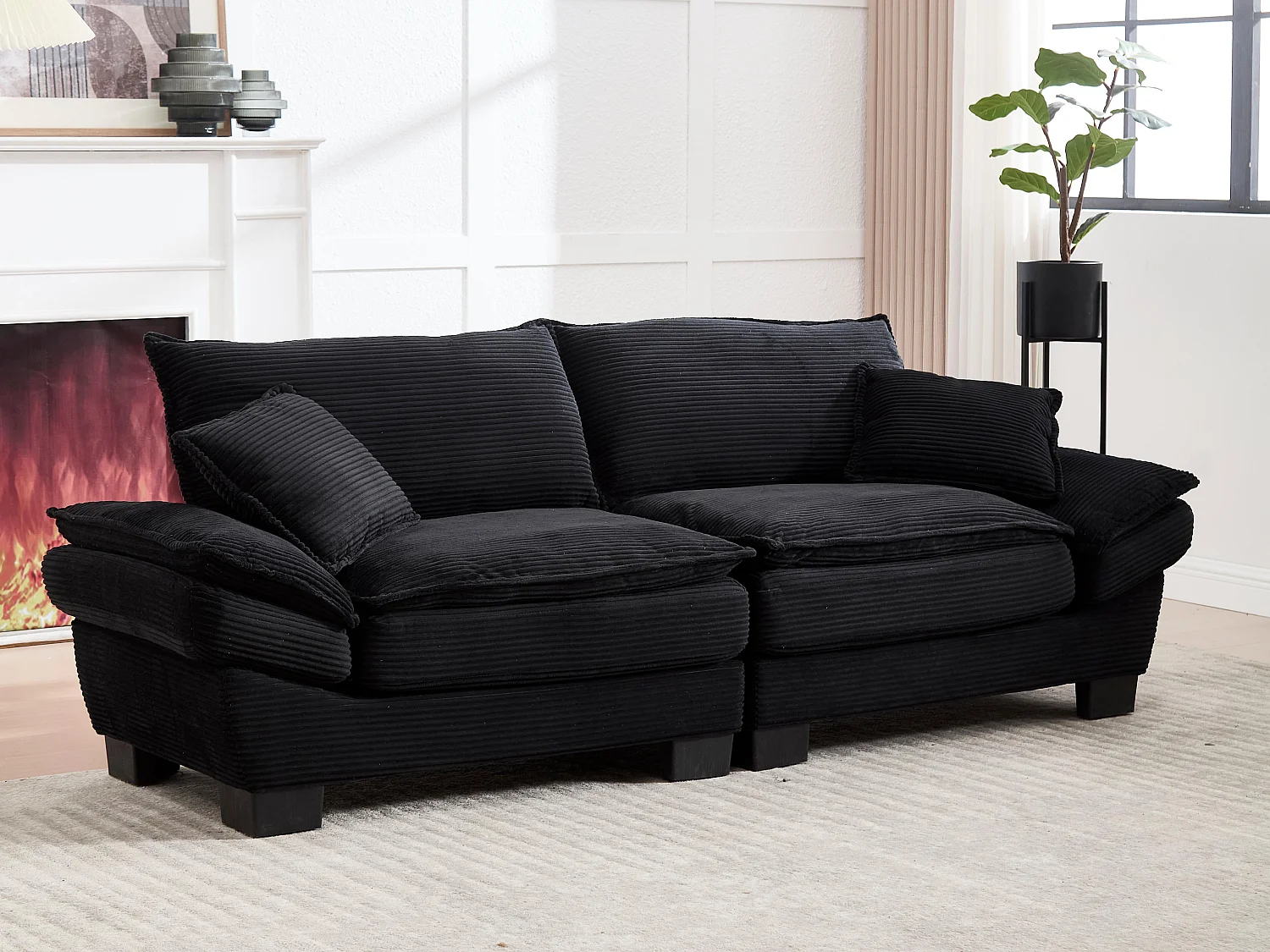 Canapé 2 places en velours noir – dossier inclinable et convertible en lit - 2 coussins inclus - idéal pour salon ou bureau