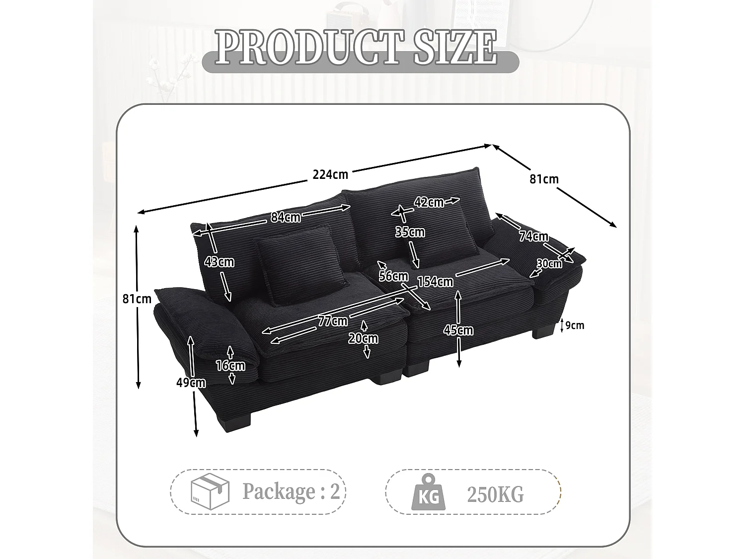 Canapé 2 places en velours noir – dossier inclinable et convertible en lit - 2 coussins inclus - idéal pour salon ou bureau