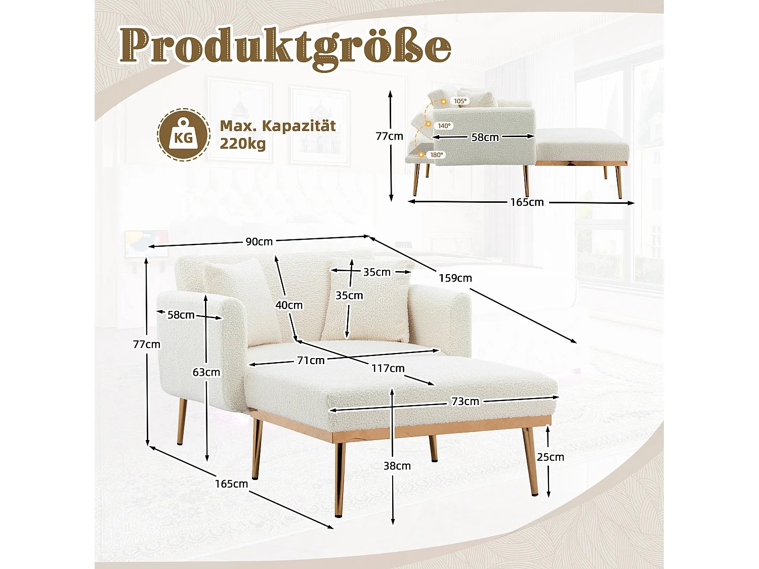 Slaapbank omvormbaar tot teddybeer - Gouden metalen poten - Chaise longue-functie