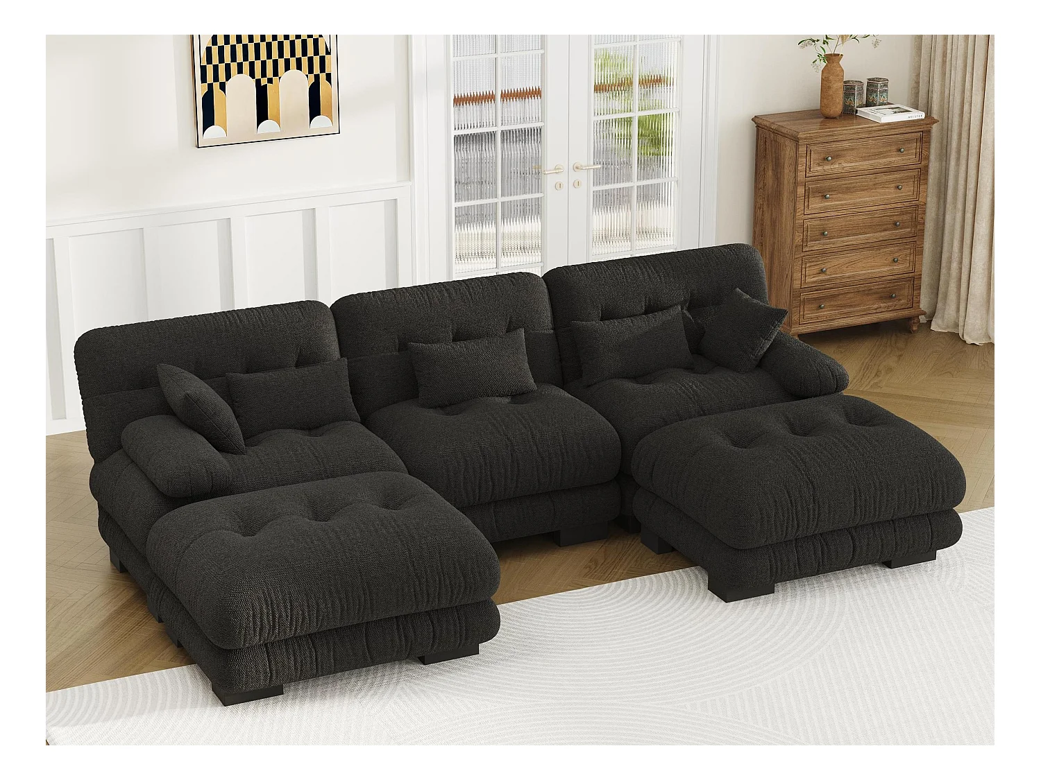 Canapé 5 Places en Velours Noir - Canapé d'angle  modulable - 300 x 143 x 80 cm - Confort et Douceur Absolus pour Votre Salon