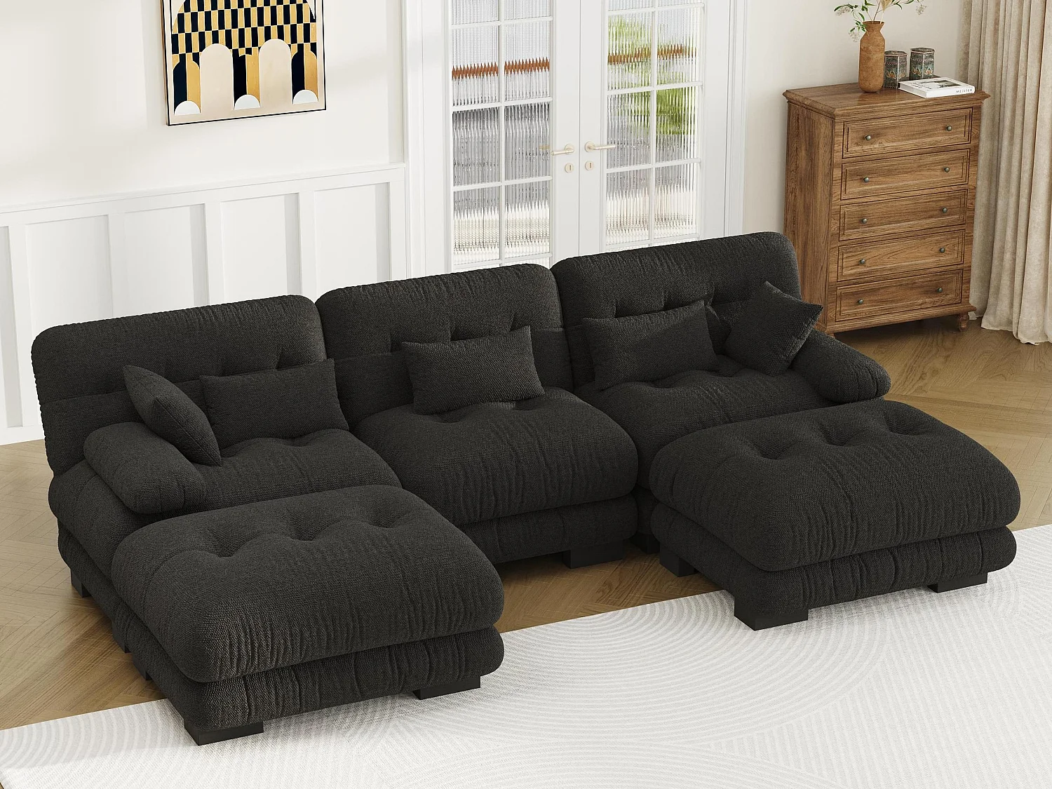 Canapé 5 Places en Velours Noir - Canapé d'angle  modulable - 300 x 143 x 80 cm - Confort et Douceur Absolus pour Votre Salon