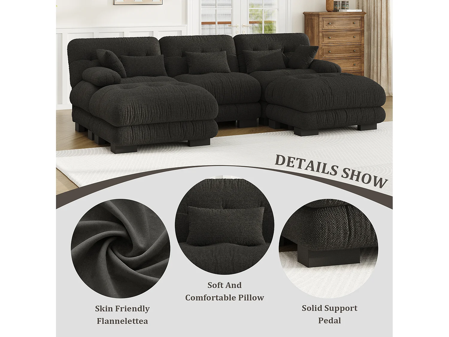 Canapé 5 Places en Velours Noir - Canapé d'angle  modulable - 300 x 143 x 80 cm - Confort et Douceur Absolus pour Votre Salon