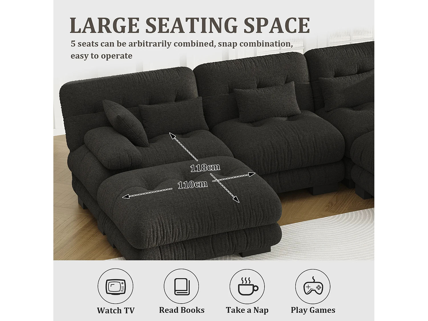 Canapé 5 Places en Velours Noir - Canapé d'angle  modulable - 300 x 143 x 80 cm - Confort et Douceur Absolus pour Votre Salon