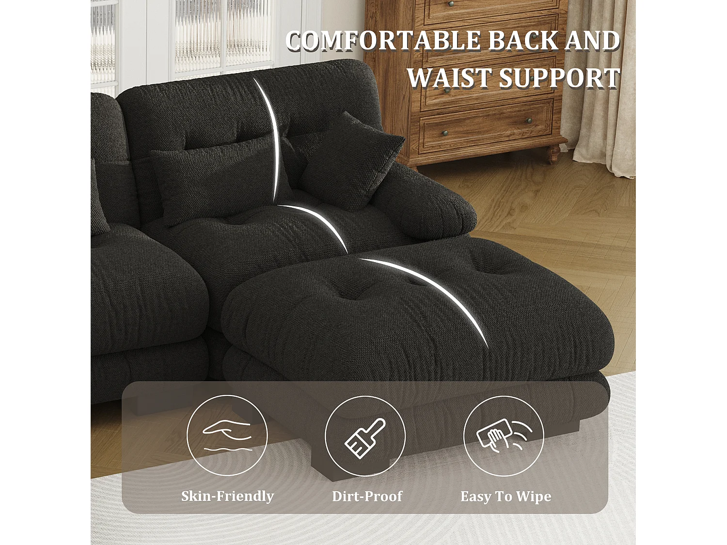 Canapé 5 Places en Velours Noir - Canapé d'angle  modulable - 300 x 143 x 80 cm - Confort et Douceur Absolus pour Votre Salon