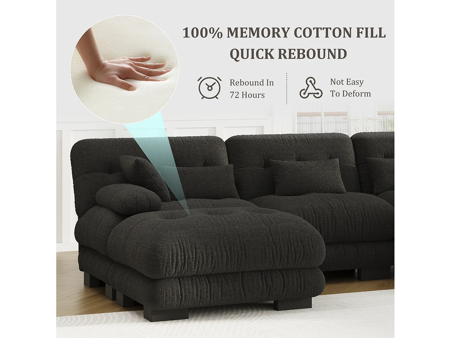 Canapé 5 Places en Velours Noir - Canapé d'angle  modulable - 300 x 143 x 80 cm - Confort et Douceur Absolus pour Votre Salon