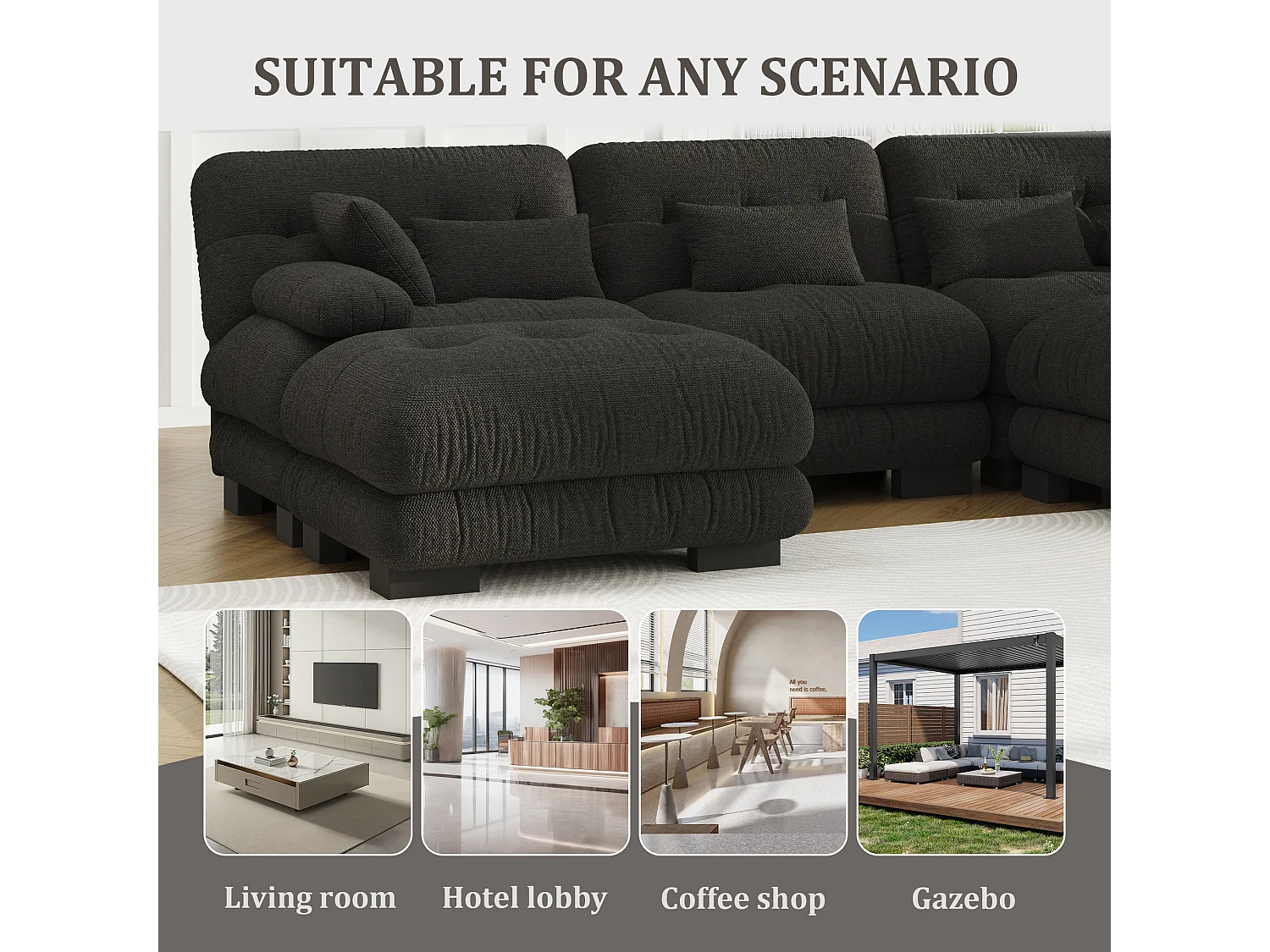 Canapé 5 Places en Velours Noir - Canapé d'angle  modulable - 300 x 143 x 80 cm - Confort et Douceur Absolus pour Votre Salon