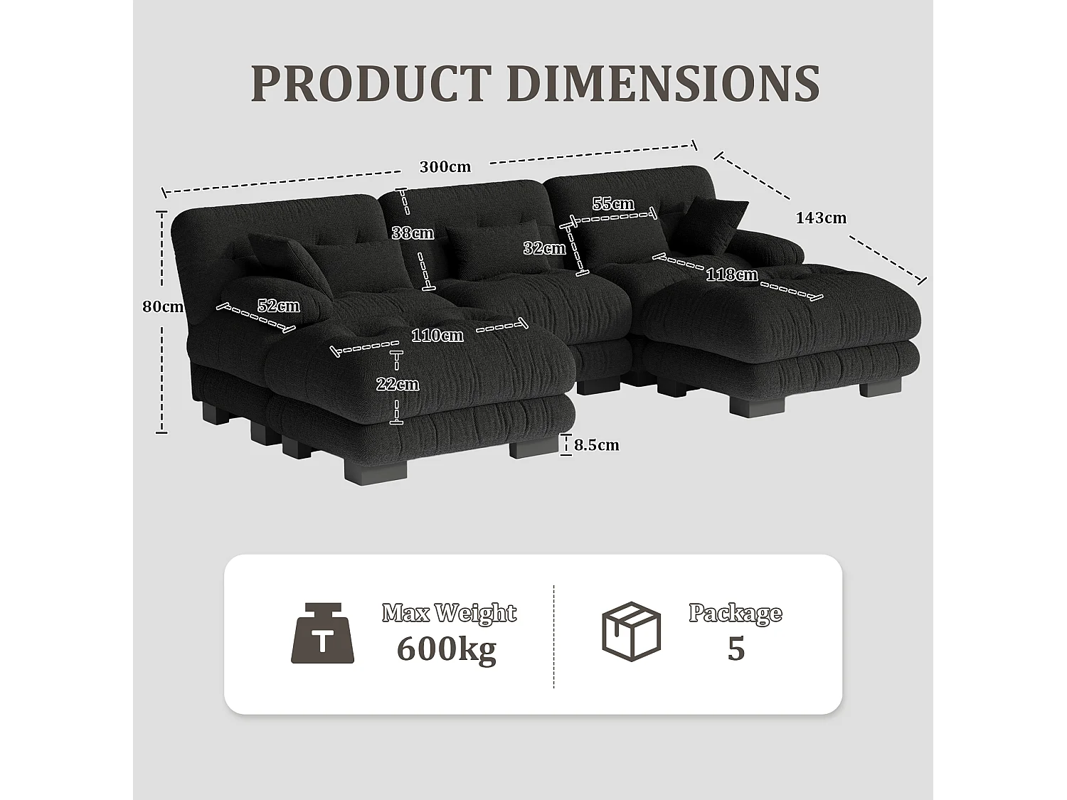 Canapé 5 Places en Velours Noir - Canapé d'angle  modulable - 300 x 143 x 80 cm - Confort et Douceur Absolus pour Votre Salon