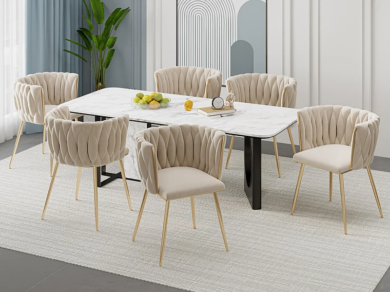 Lot de 6 Chaises Coquillage au Dossier Canné et aux Pieds Dorés - Blanc Ivoire, Élégance Bohème