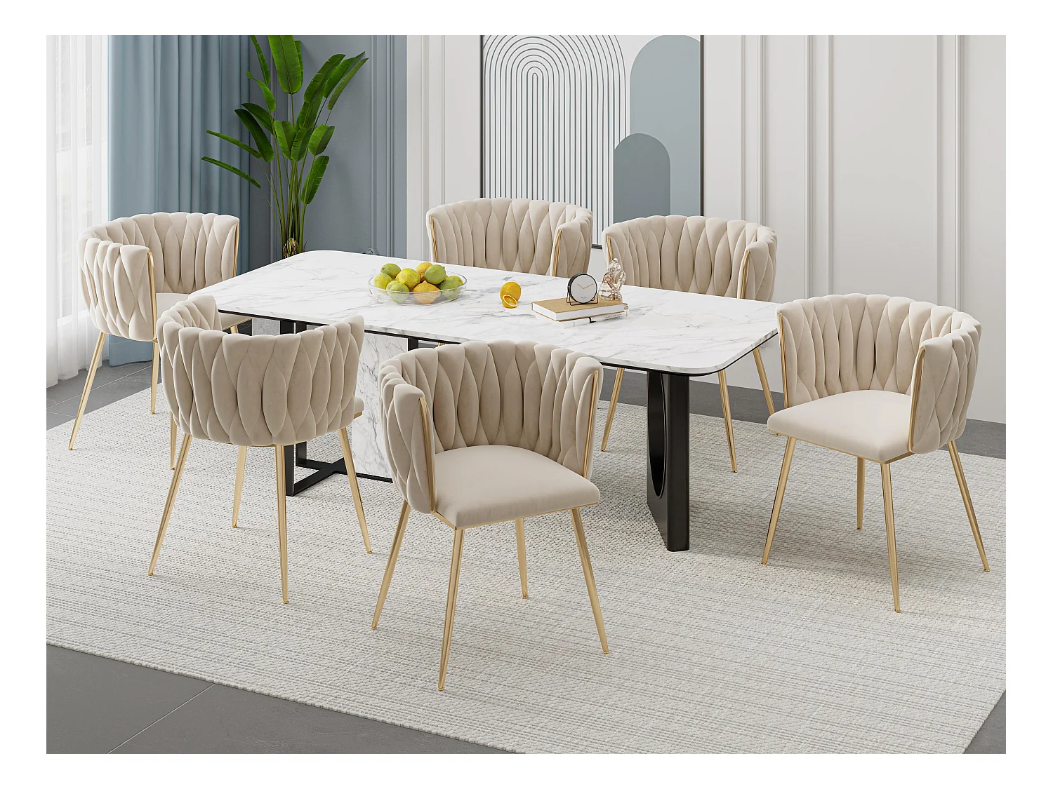 Lot de 6 Chaises Coquillage au Dossier Canné et aux Pieds Dorés - Blanc Ivoire, Élégance Bohème