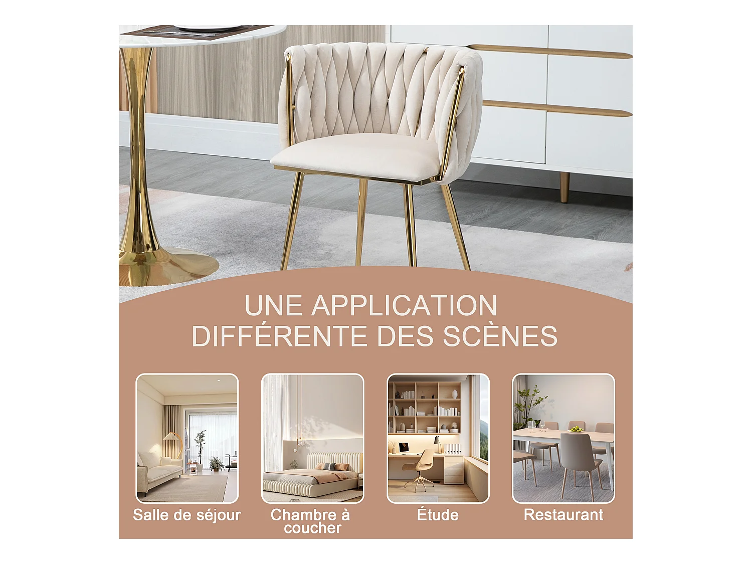 Lot de 6 Chaises Coquillage au Dossier Canné et aux Pieds Dorés - Blanc Ivoire, Élégance Bohème