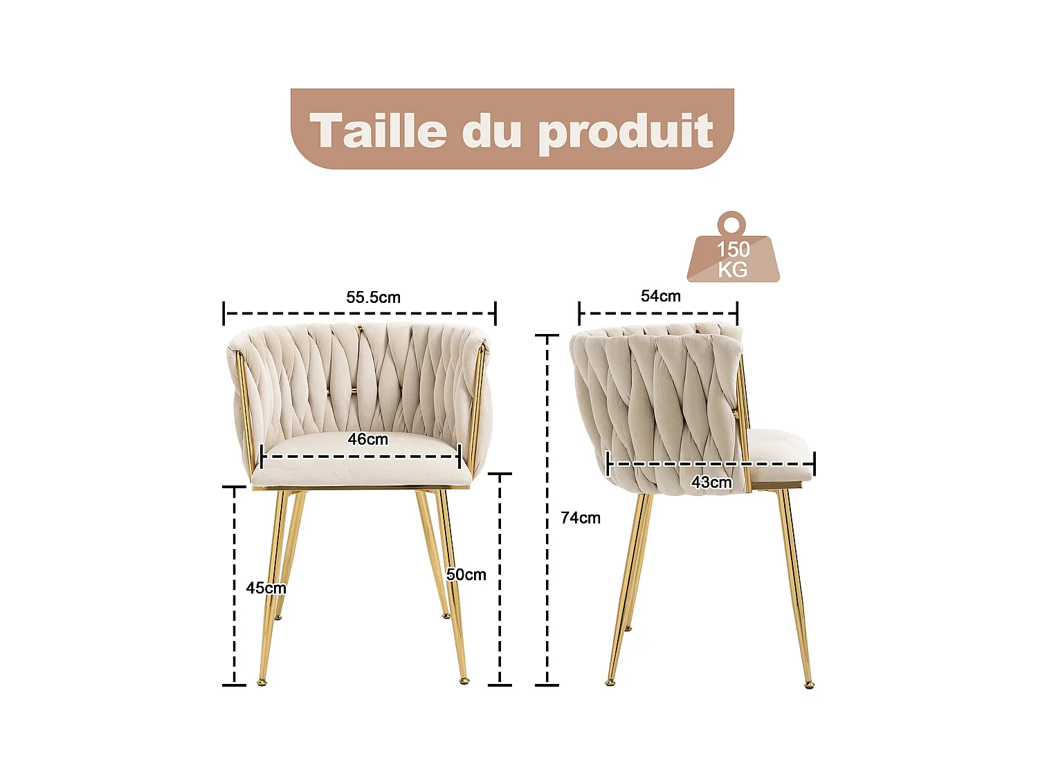 Lot de 6 Chaises Coquillage au Dossier Canné et aux Pieds Dorés - Blanc Ivoire, Élégance Bohème