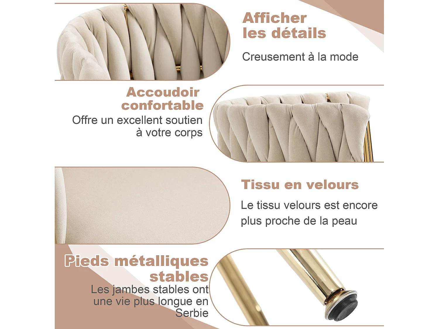 Eetkamerstoel / fauteuil van fluweel - set van 6 - frame van goudkleurig metaal, beige