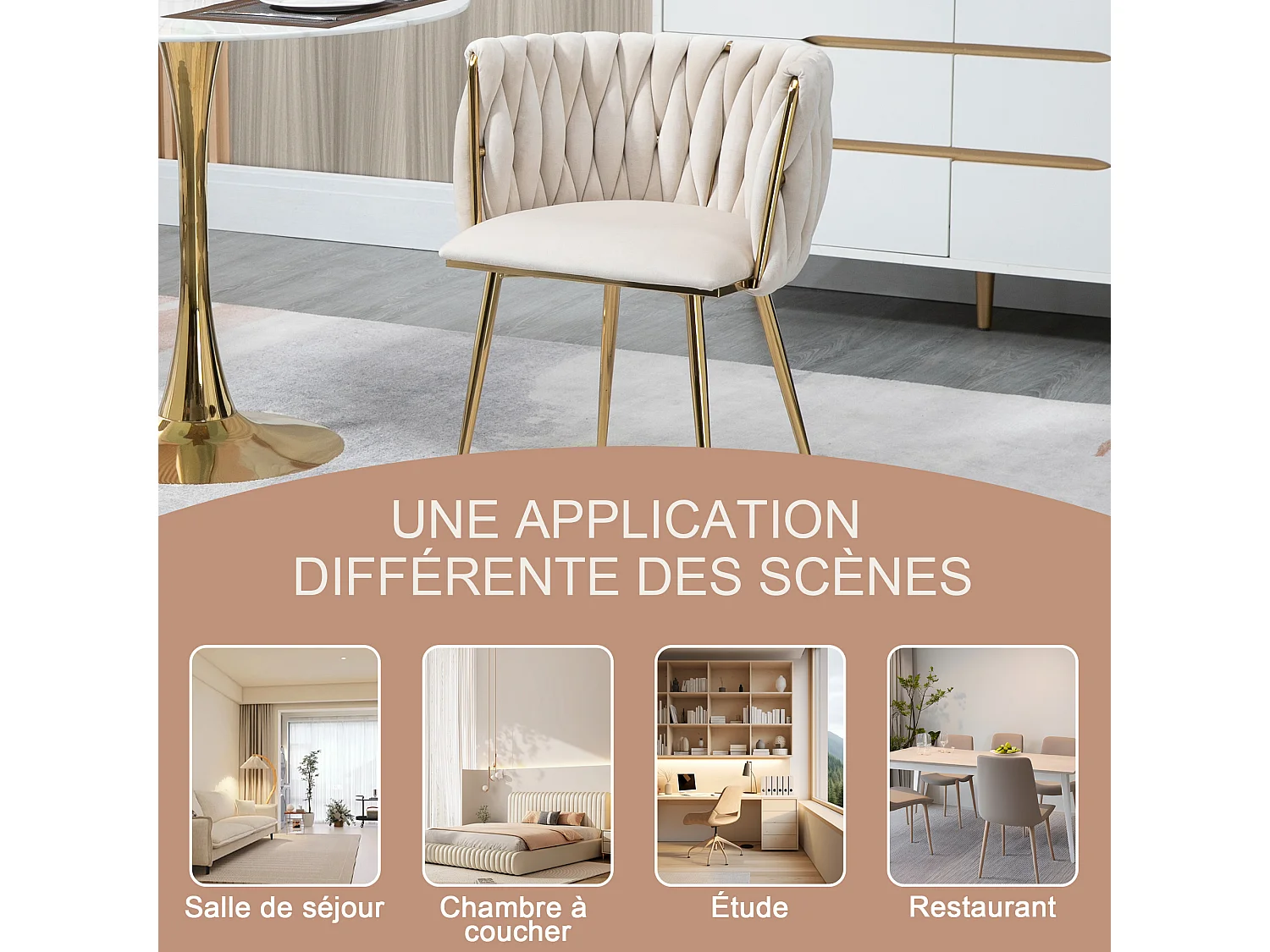 Eetkamerstoel / fauteuil van fluweel - set van 6 - frame van goudkleurig metaal, beige