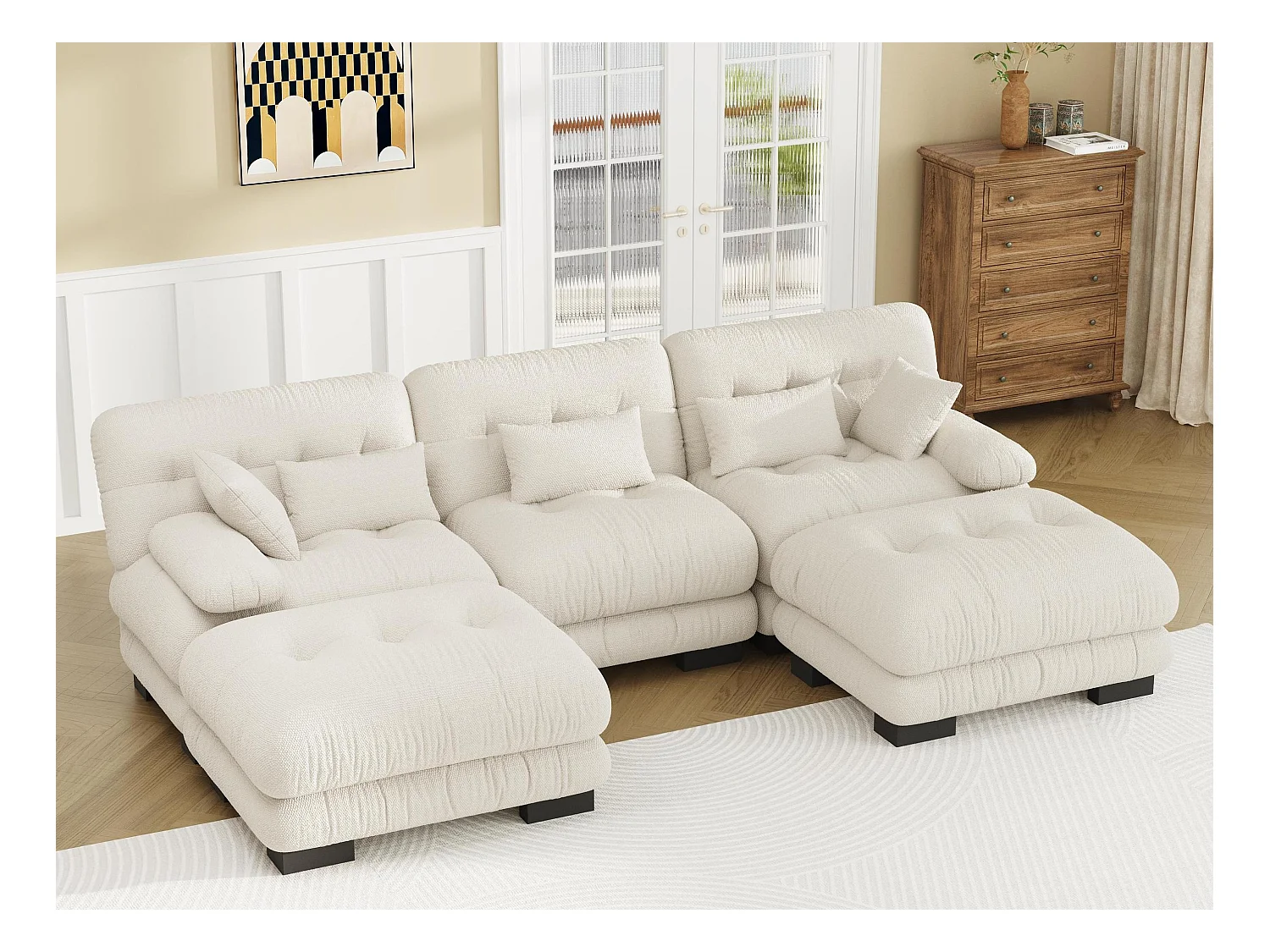 Canapé 5 Places en Velours Beige - canapé d'angle modulable - 300 x 143 x 80 cm - Confort et Douceur Absolus pour Votre Salon