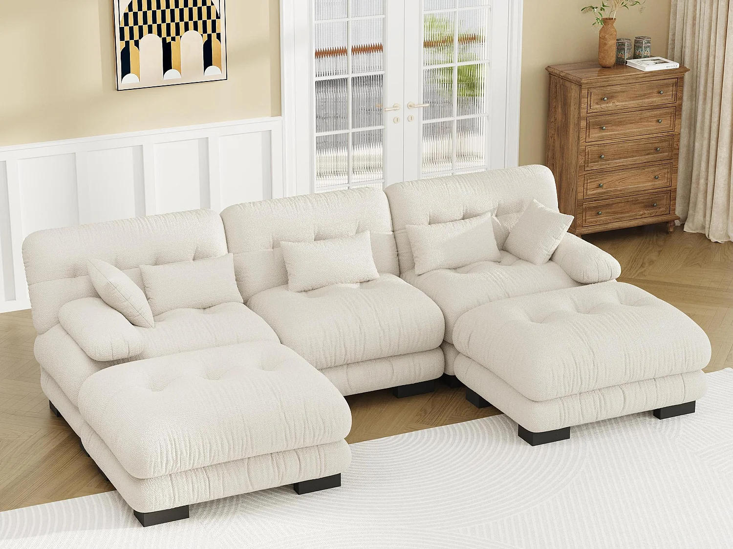 Canapé 5 Places en Velours Beige - canapé d'angle modulable - 300 x 143 x 80 cm - Confort et Douceur Absolus pour Votre Salon