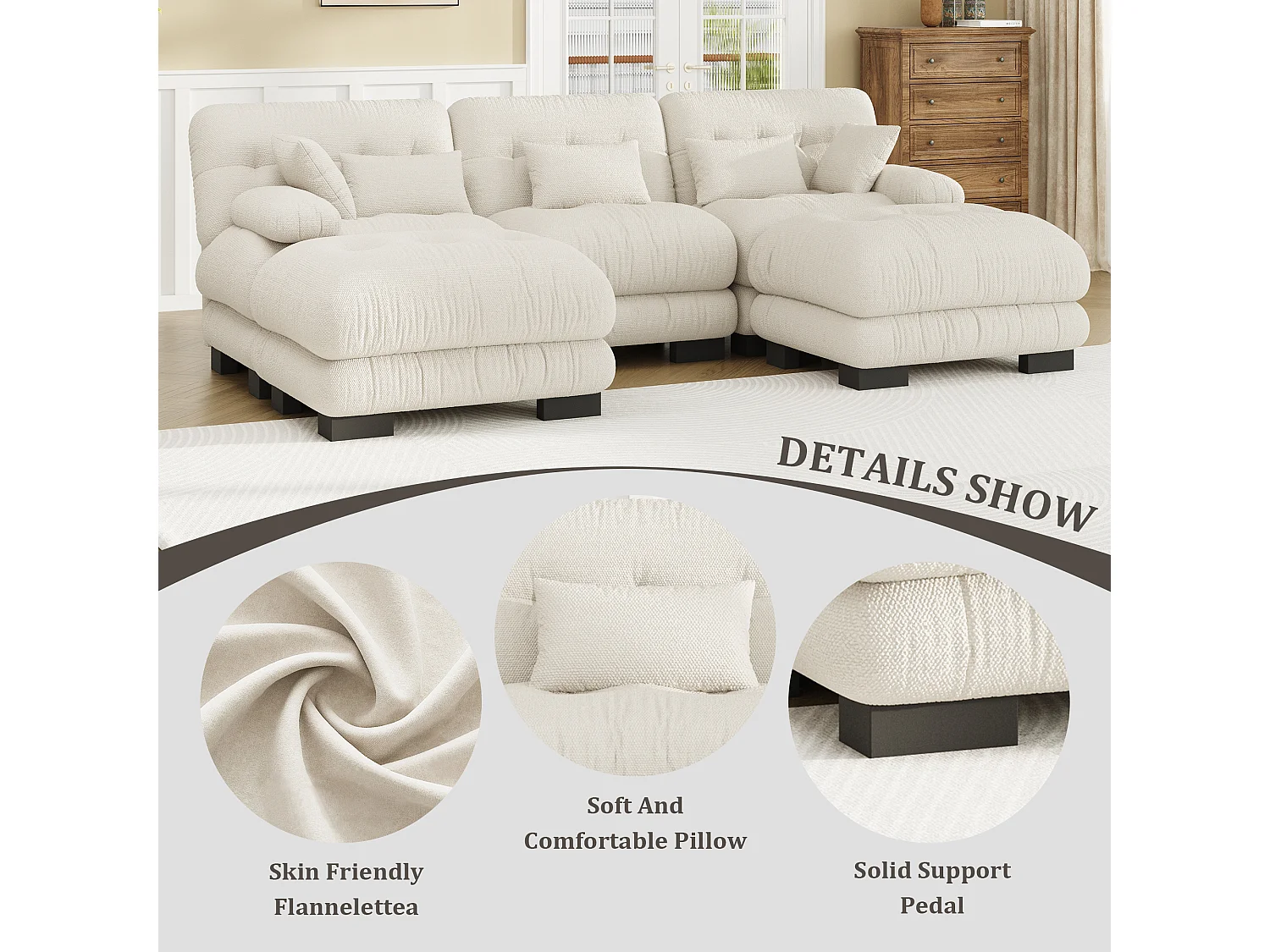 Canapé 5 Places en Velours Beige - canapé d'angle modulable - 300 x 143 x 80 cm - Confort et Douceur Absolus pour Votre Salon