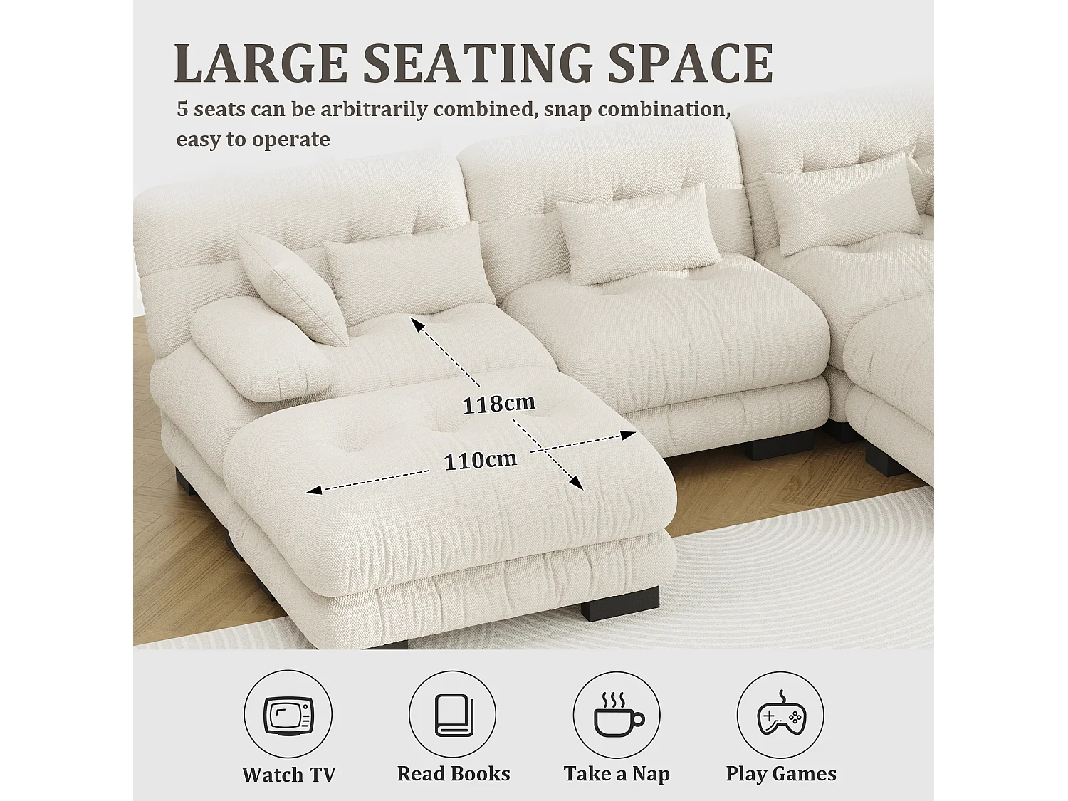 Canapé 5 Places en Velours Beige - canapé d'angle modulable - 300 x 143 x 80 cm - Confort et Douceur Absolus pour Votre Salon