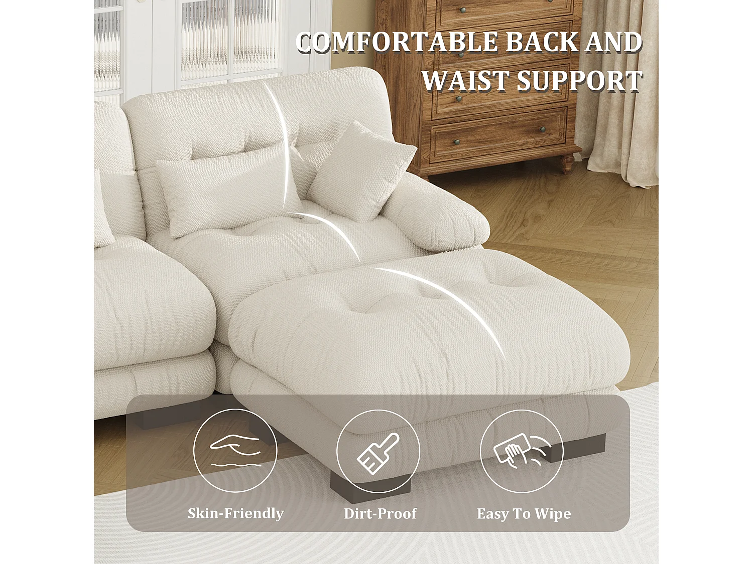 Canapé 5 Places en Velours Beige - canapé d'angle modulable - 300 x 143 x 80 cm - Confort et Douceur Absolus pour Votre Salon