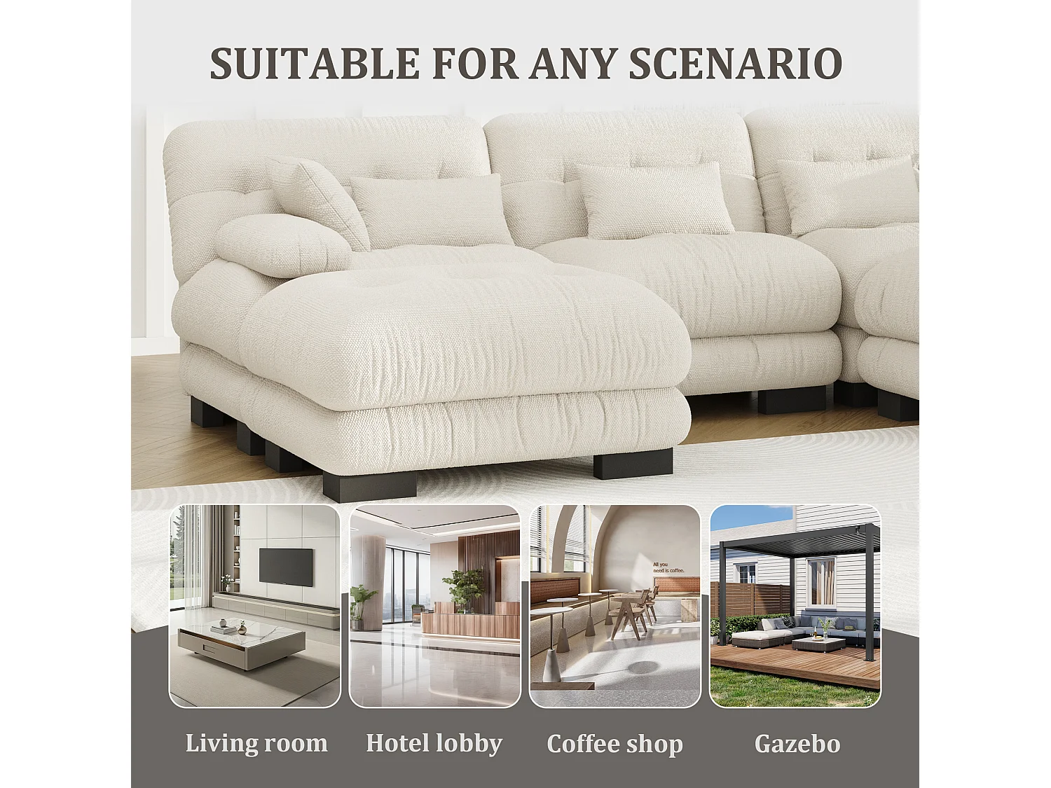 Canapé 5 Places en Velours Beige - canapé d'angle modulable - 300 x 143 x 80 cm - Confort et Douceur Absolus pour Votre Salon