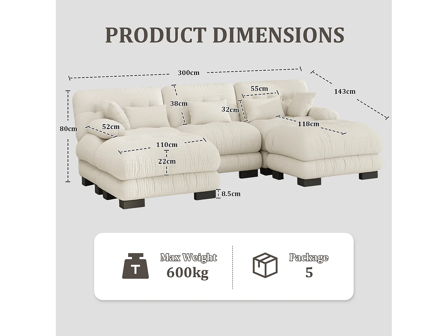 Canapé 5 Places en Velours Beige - canapé d'angle modulable - 300 x 143 x 80 cm - Confort et Douceur Absolus pour Votre Salon