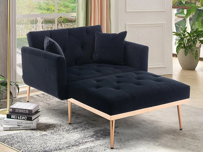 Canapé Convertible 2 Places en Velours côtelé Noir - Canapé Modern avec 2 Coussins - Dossier réglable - 165x90x77cm