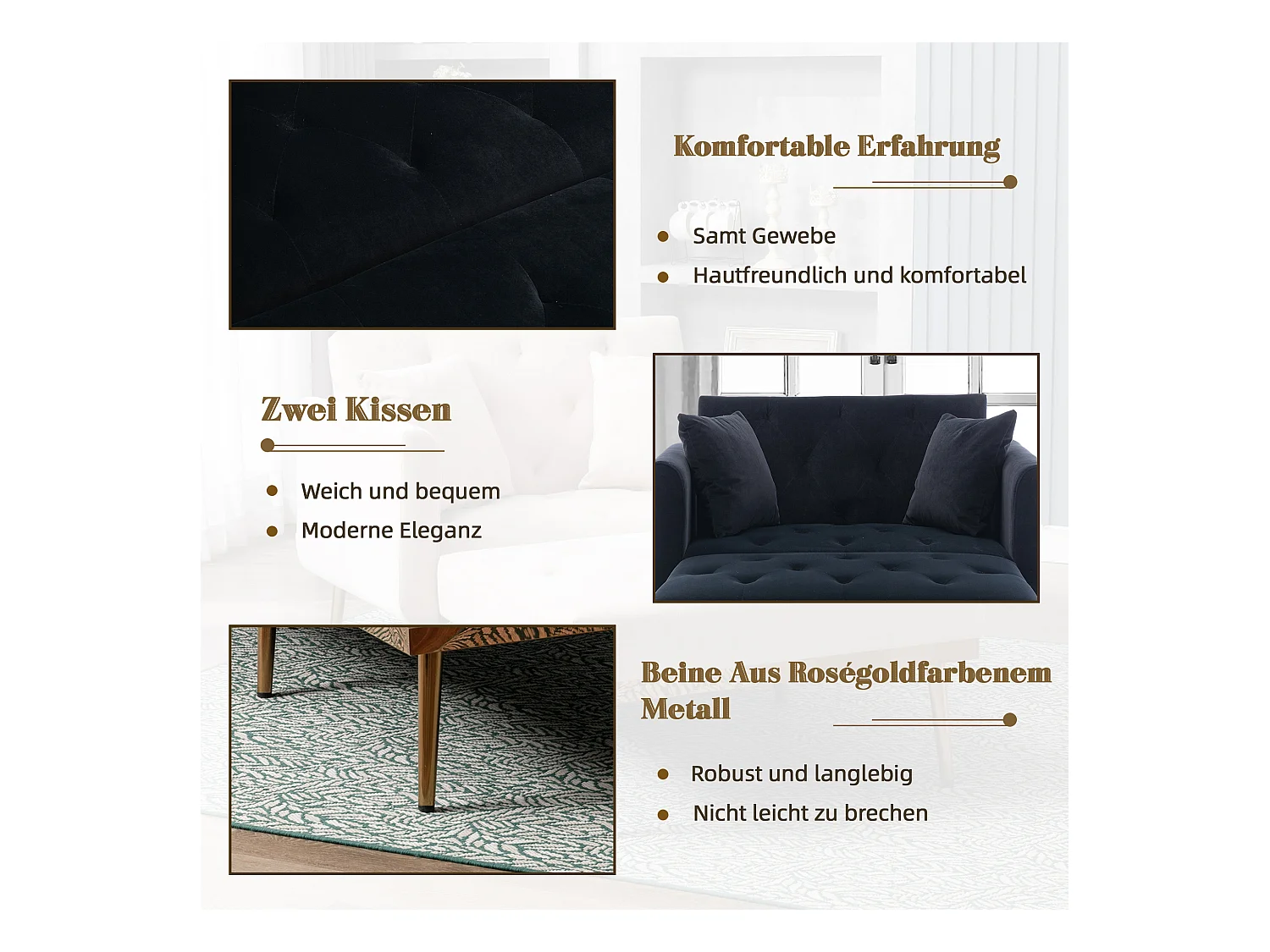 Canapé Convertible 2 Places en Velours côtelé Noir - Canapé Modern avec 2 Coussins - Dossier réglable - 165x90x77cm