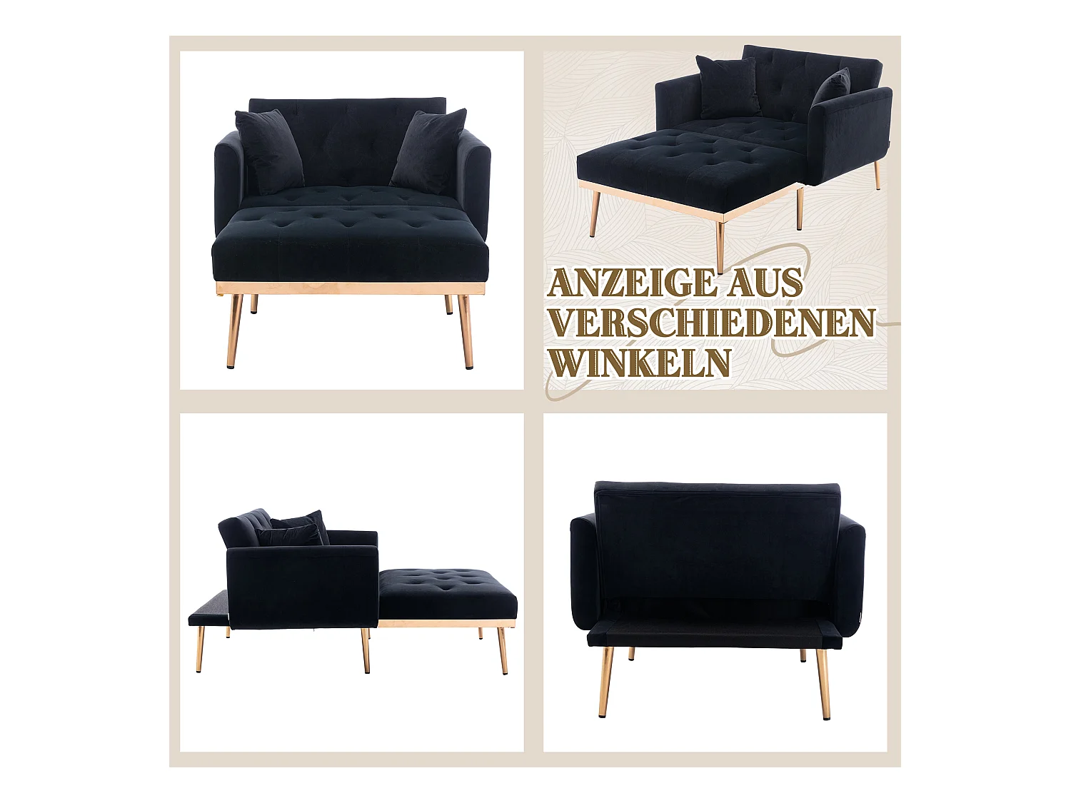 Canapé Convertible 2 Places en Velours côtelé Noir - Canapé Modern avec 2 Coussins - Dossier réglable - 165x90x77cm