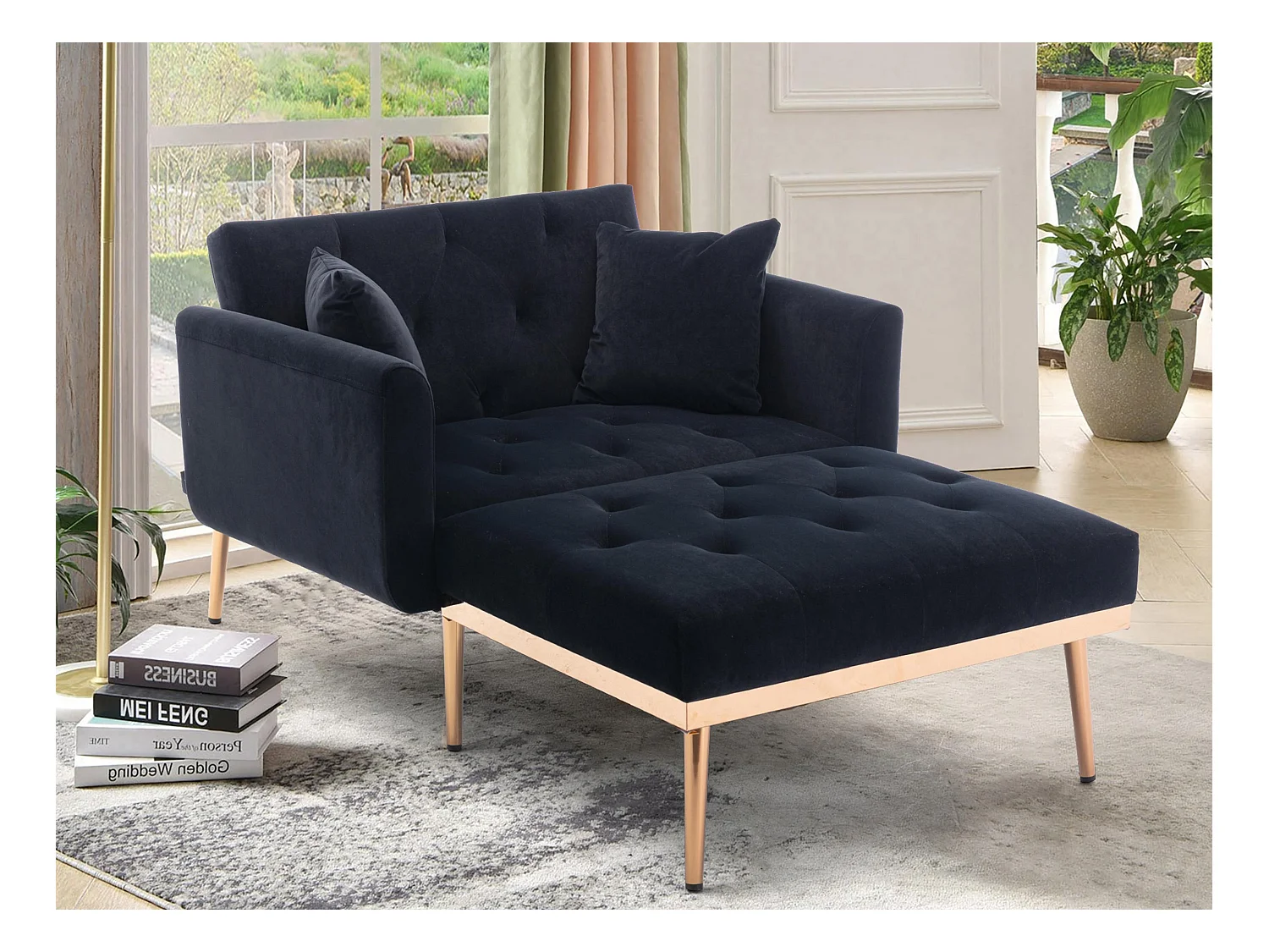 Canapé Convertible 2 Places en Velours côtelé Noir - Canapé Modern avec 2 Coussins - Dossier réglable - 165x90x77cm