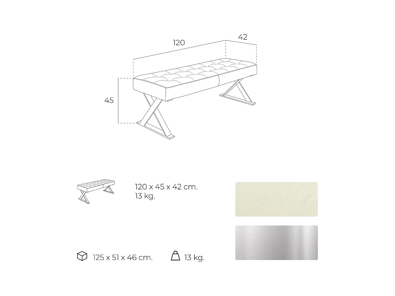 Banc rembourré structure acier inoxydable