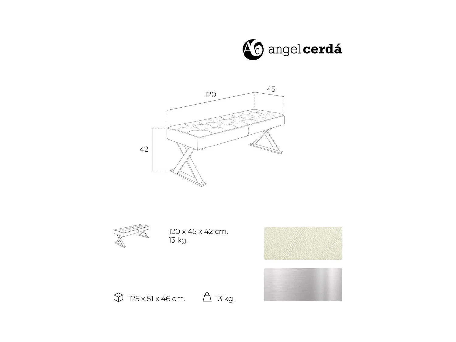 Banc rembourré structure acier inoxydable