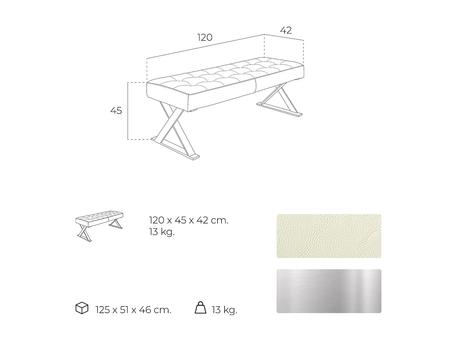 Banc rembourré structure acier inoxydable