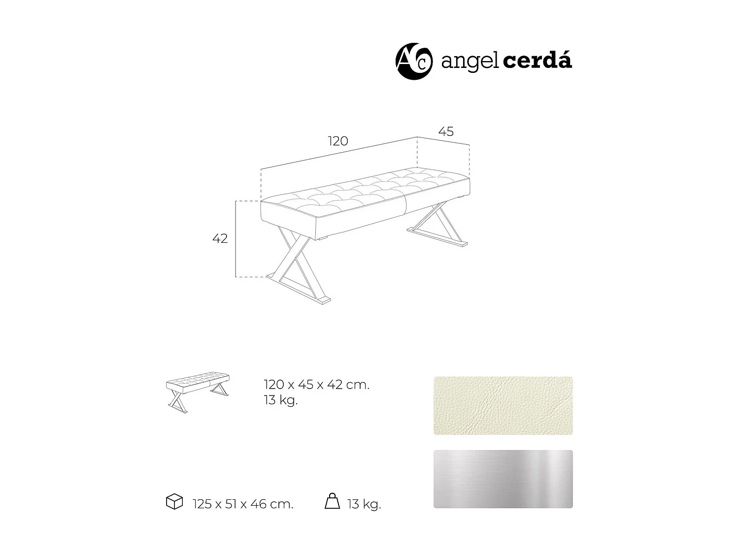 Banc rembourré structure acier inoxydable