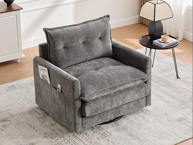 Fauteuil pivotant 360° gris – double couche d’assise, confort optimal et poche latérale – idéal pour salon, chambre et bureau