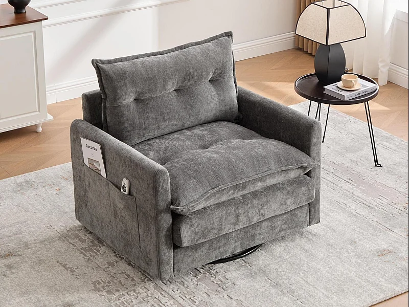 Fauteuil pivotant 360° gris – double couche d’assise, confort optimal et poche latérale – idéal pour salon, chambre et bureau