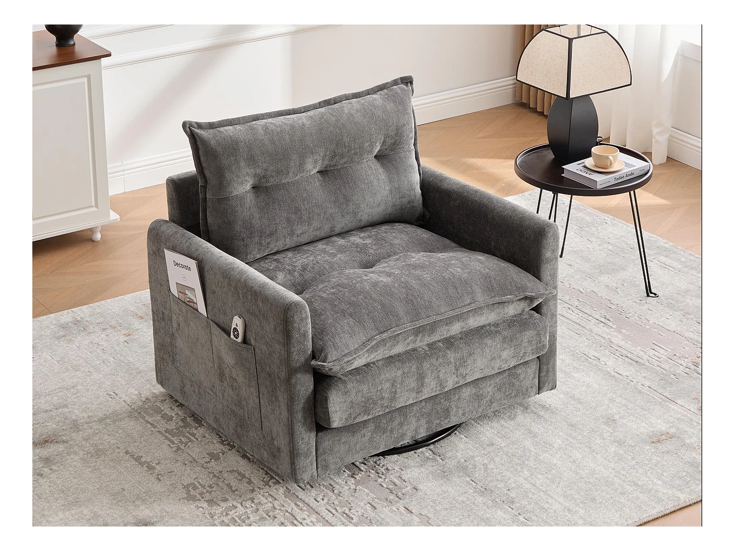Fauteuil pivotant 360° gris – double couche d’assise, confort optimal et poche latérale – idéal pour salon, chambre et bureau