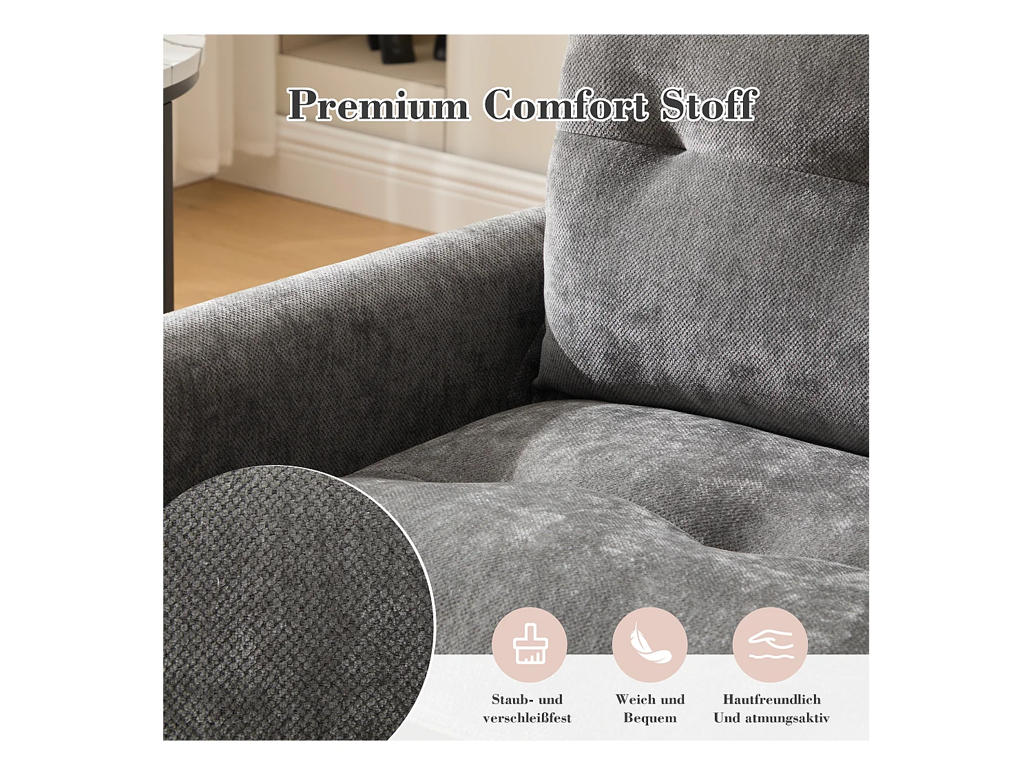 Fauteuil pivotant 360° gris – double couche d’assise, confort optimal et poche latérale – idéal pour salon, chambre et bureau