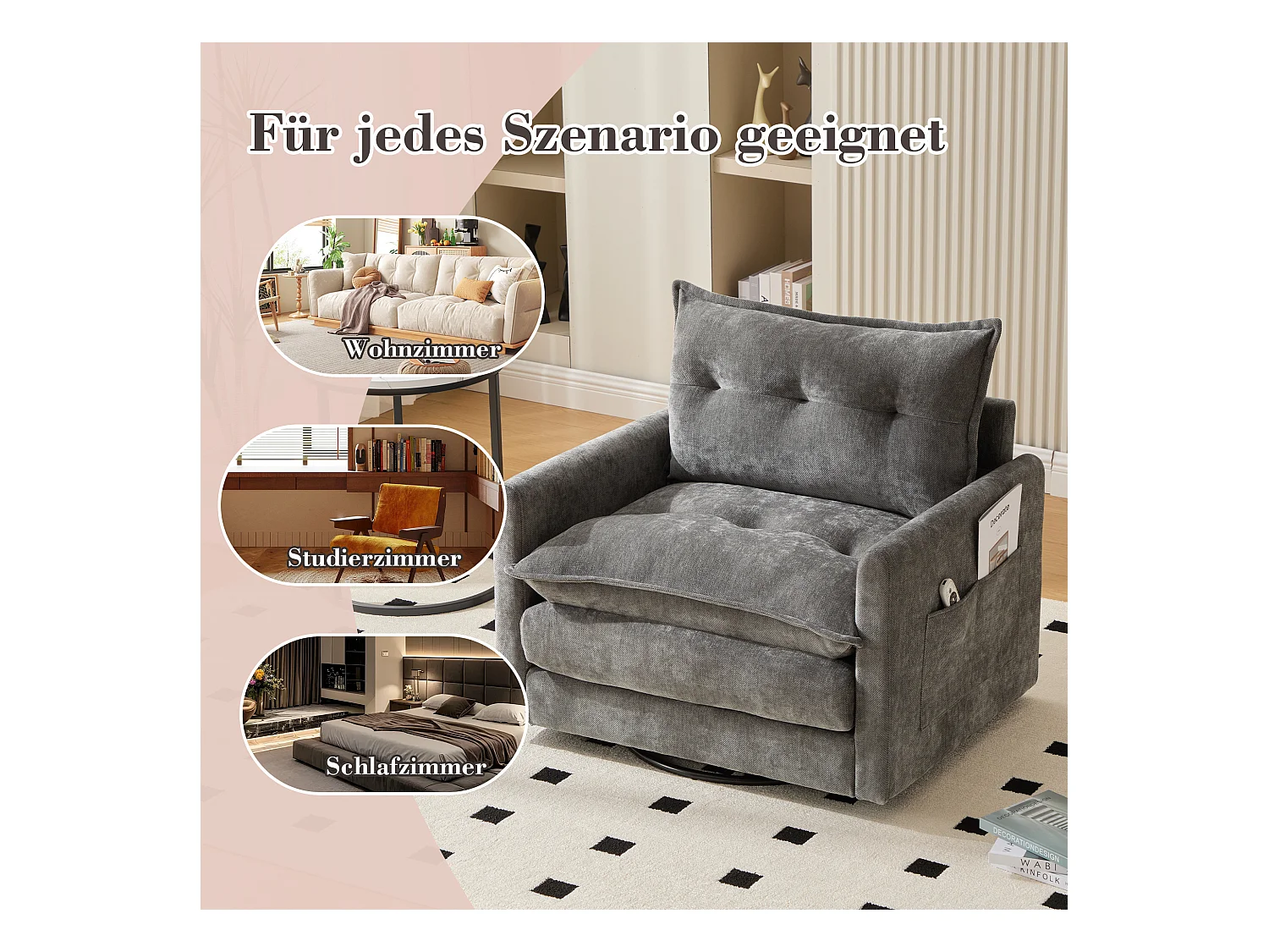 Fauteuil pivotant 360° gris – double couche d’assise, confort optimal et poche latérale – idéal pour salon, chambre et bureau
