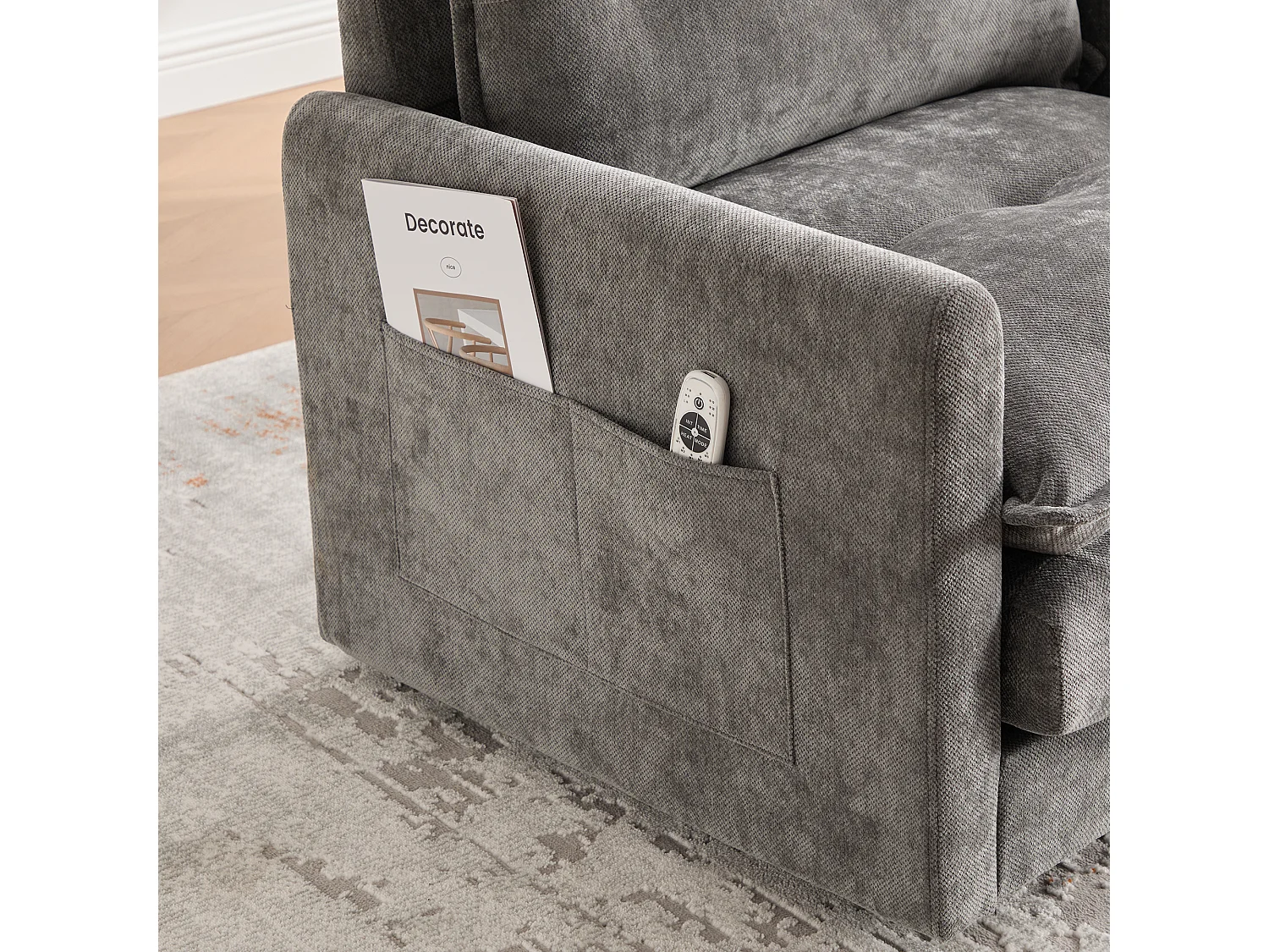 Fauteuil pivotant 360° gris – double couche d’assise, confort optimal et poche latérale – idéal pour salon, chambre et bureau