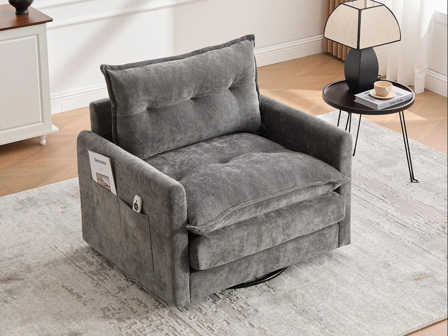 Fauteuil pivotant 360° gris – double couche d’assise, confort optimal et poche latérale – idéal pour salon, chambre et bureau