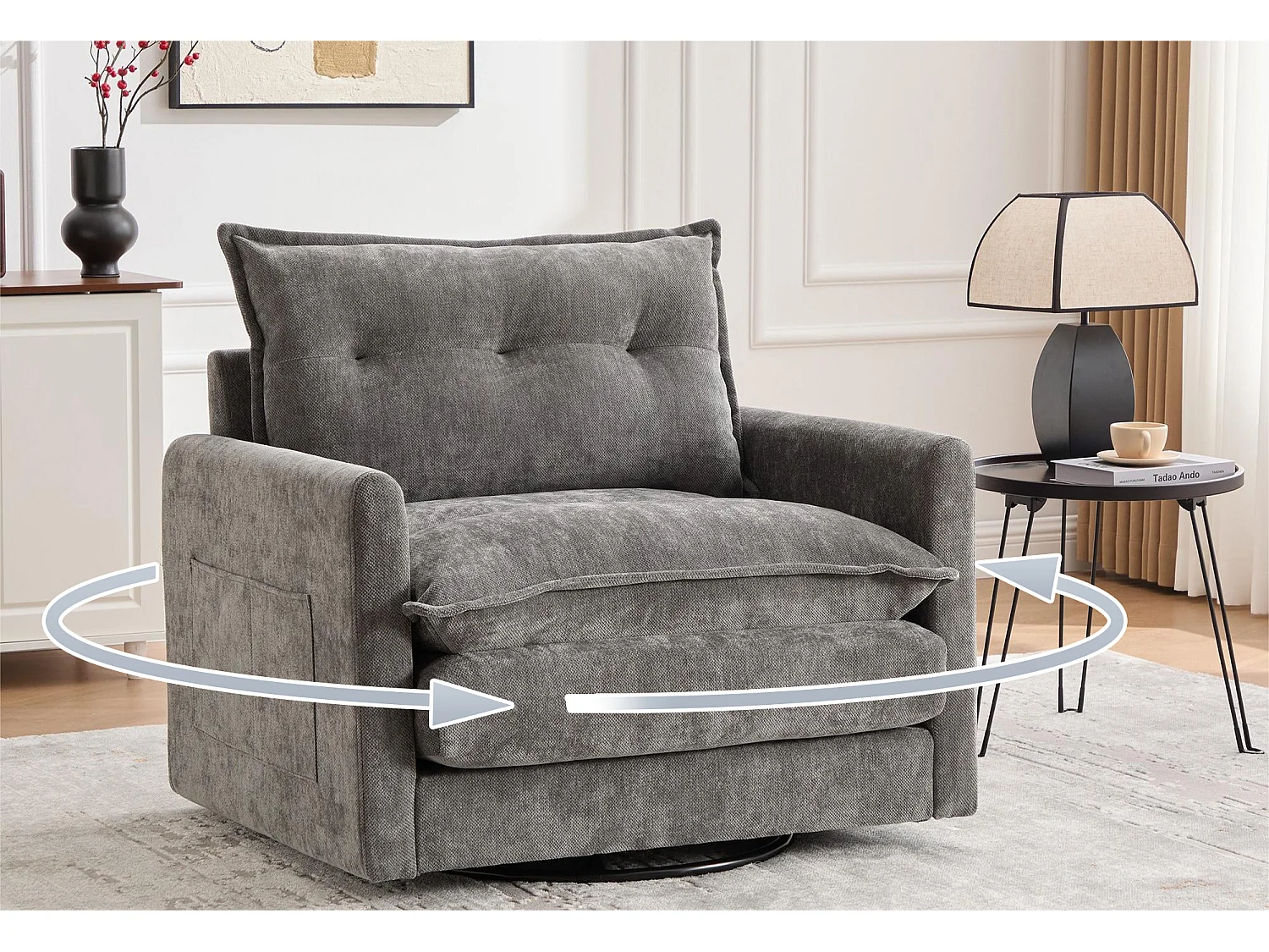 Fauteuil pivotant 360° gris – double couche d’assise, confort optimal et poche latérale – idéal pour salon, chambre et bureau