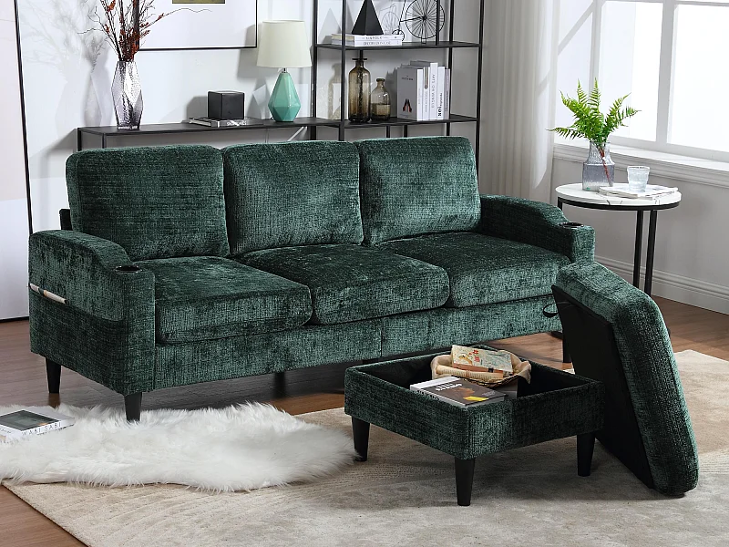 Canapé 3 places en tissu chenille Vert – avec repose‑pieds mobile coffre & porte‑gobelet – idéal pour salon et bureau – 196.5x75x77cm