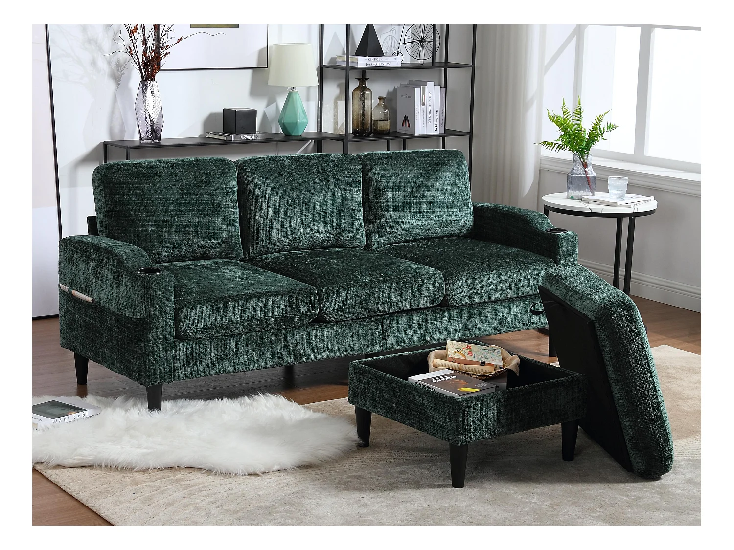 Canapé 3 places en tissu chenille Vert – avec repose‑pieds mobile coffre & porte‑gobelet – idéal pour salon et bureau – 196.5x75x77cm