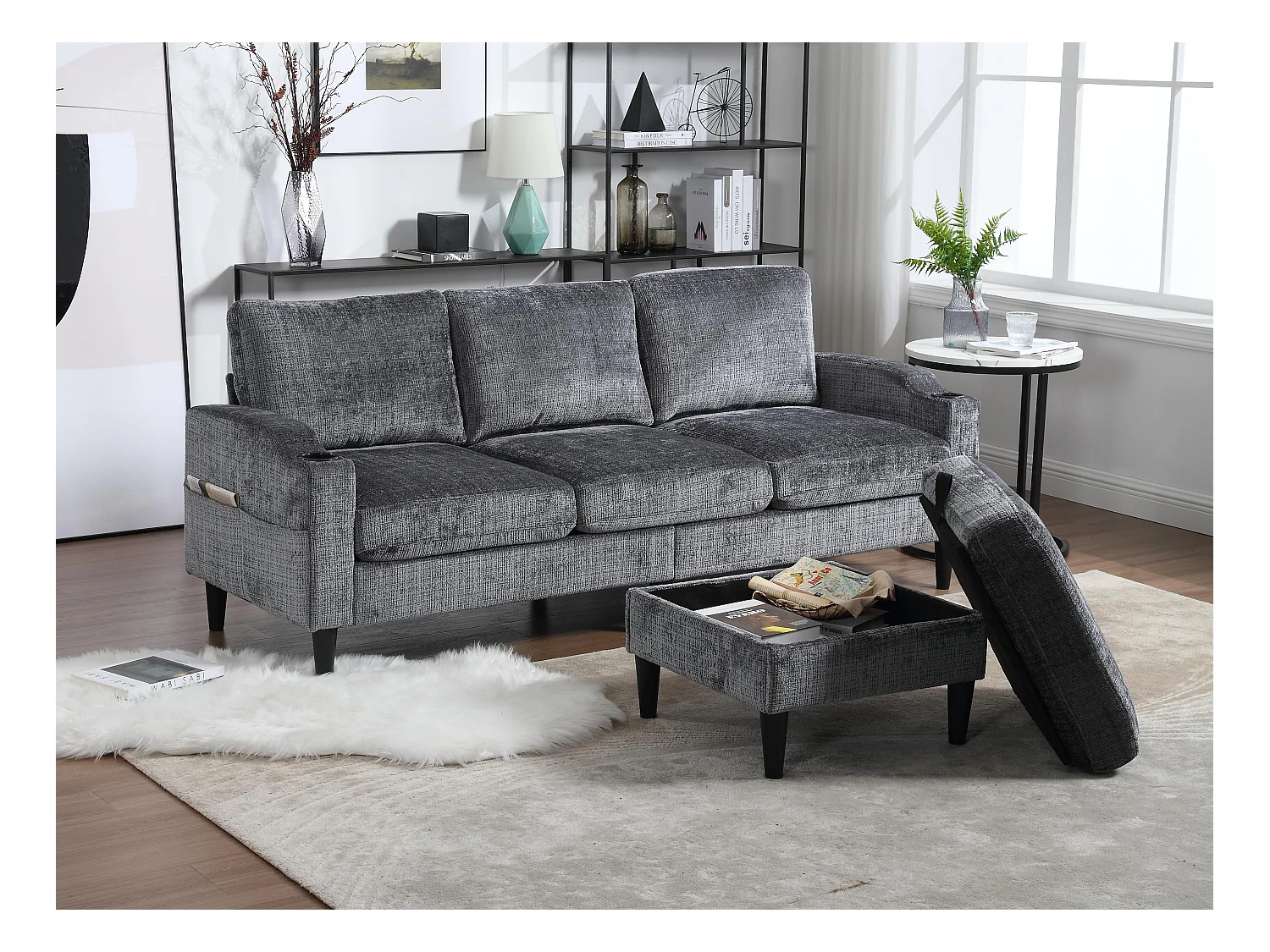Canapé 3 places en tissu chenille Gris – avec repose‑pieds mobile coffre & porte‑gobelet – idéal pour salon et bureau - 196.5x75x77cm