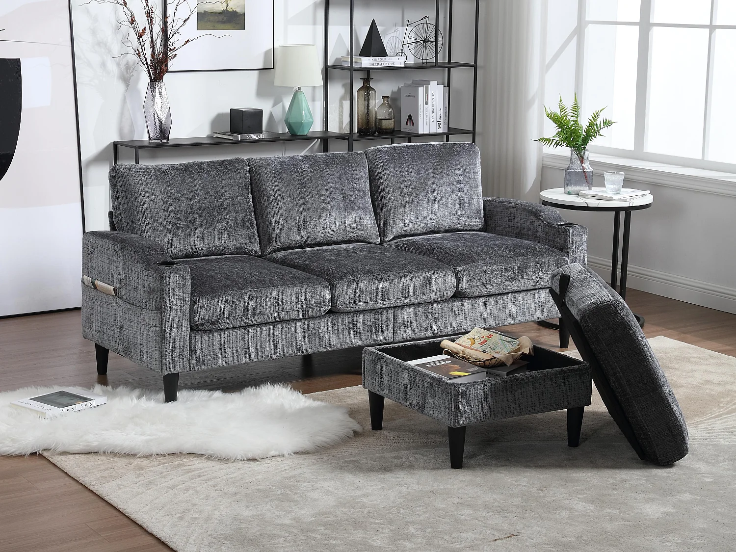 Canapé 3 places en tissu chenille Gris – avec repose‑pieds mobile coffre & porte‑gobelet – idéal pour salon et bureau - 196.5x75x77cm