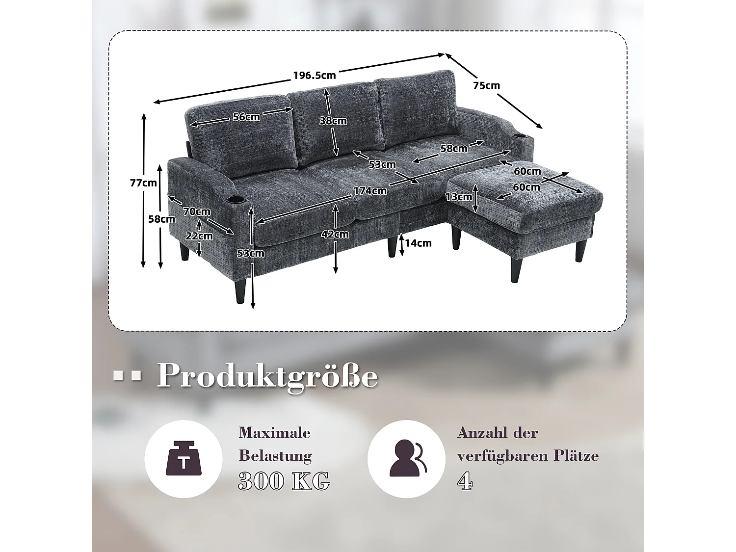 Canapé 3 places en tissu chenille Gris – avec repose‑pieds mobile coffre & porte‑gobelet – idéal pour salon et bureau - 196.5x75x77cm