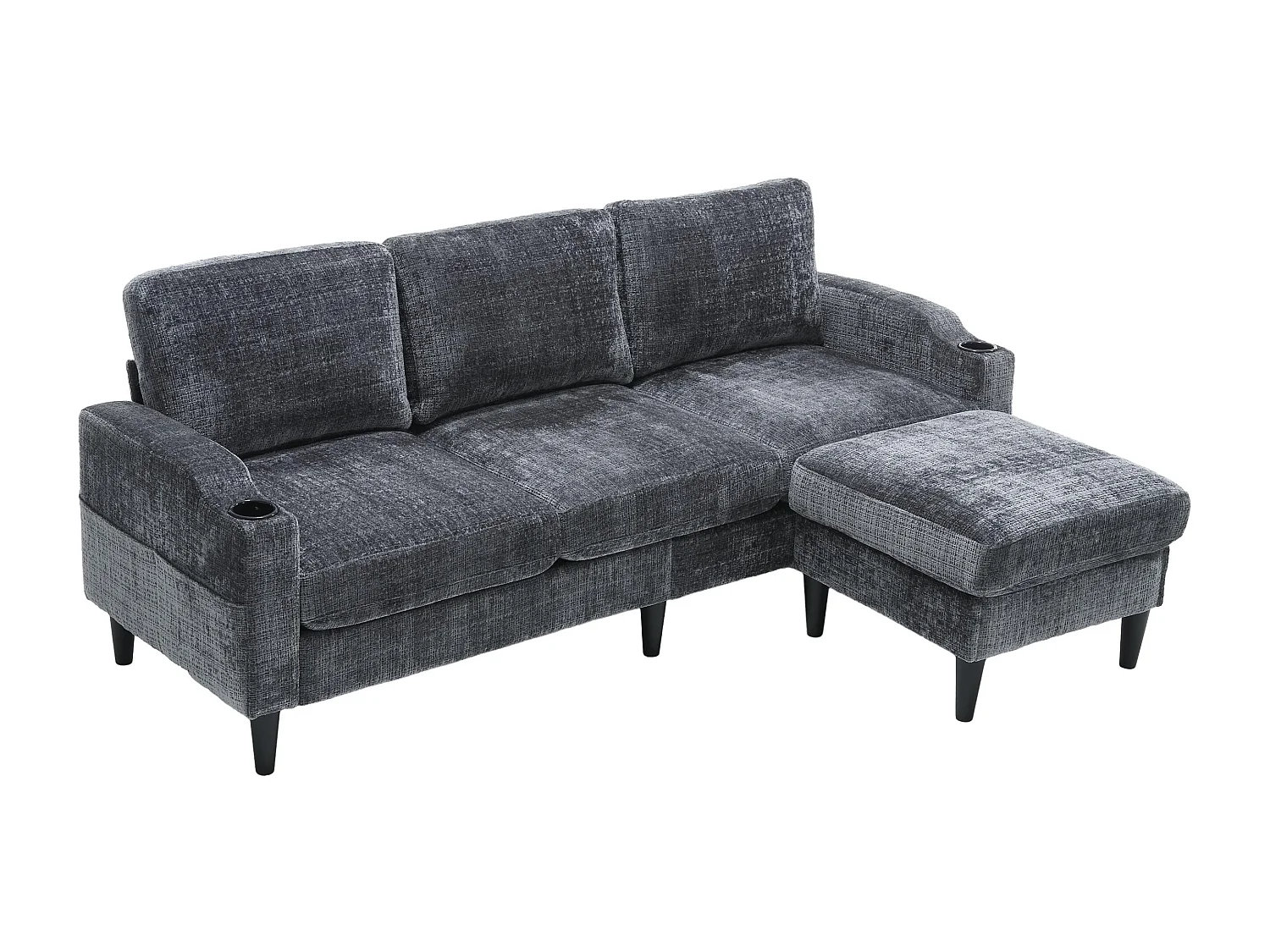 Canapé 3 places en tissu chenille Gris – avec repose‑pieds mobile coffre & porte‑gobelet – idéal pour salon et bureau - 196.5x75x77cm