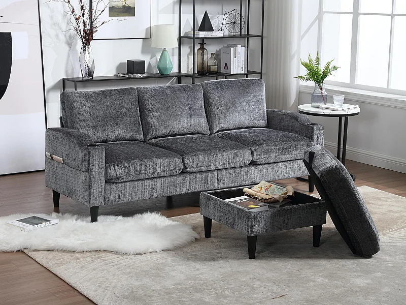 Canapé 3 places en tissu chenille Gris – avec repose‑pieds mobile coffre & porte‑gobelet – idéal pour salon et bureau - 196.5x75x77cm