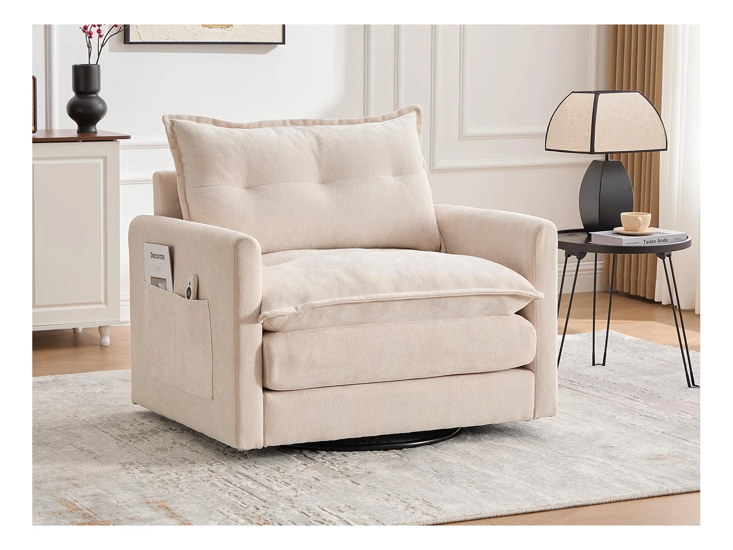 Fauteuil pivotant 360° beige – double couche d’assise, confort optimal et poche latérale – idéal pour salon, chambre et bureau