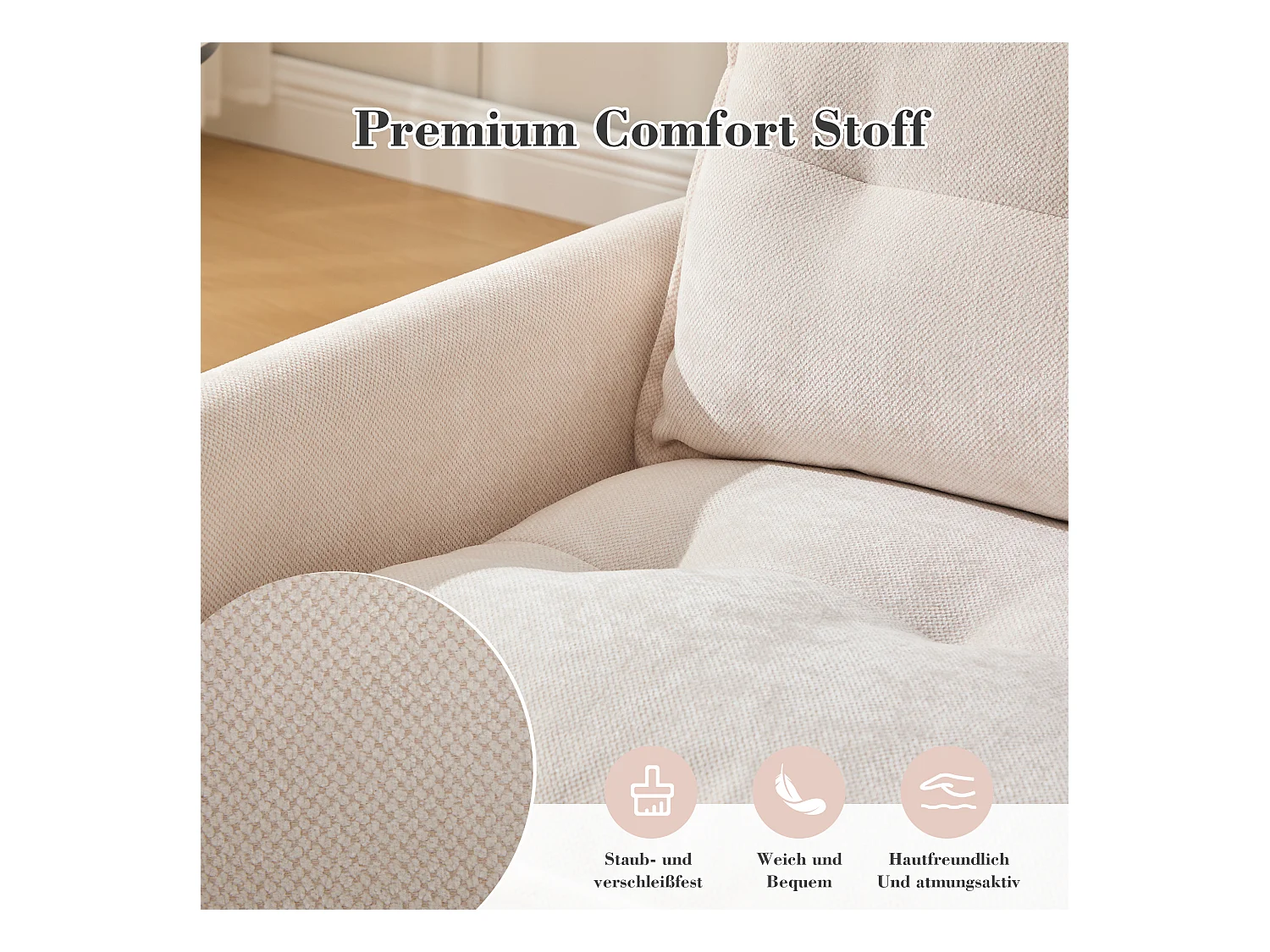 Fauteuil pivotant 360° beige – double couche d’assise, confort optimal et poche latérale – idéal pour salon, chambre et bureau